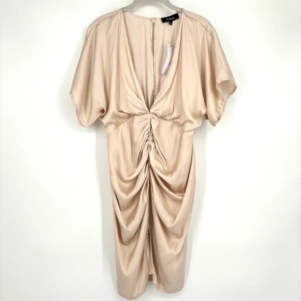 NWT Aakaa Satin Ruched‎ Midi Dress Sheath V Neck Champagne Beige Lined Draped L - Picture 2 of 14
